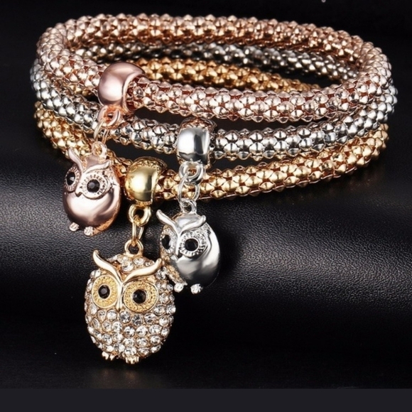Jewelry - 3pc Owl Charms Stretch Bracelets Dangle Gold-tone Silver-tone Rose Gold Upto 9"